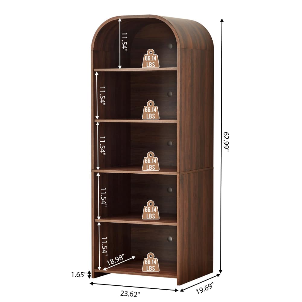 A tall dark brown wooden shelving unit with an arched top and five open shelves, shown with dimension lines and measurements on a white background.
