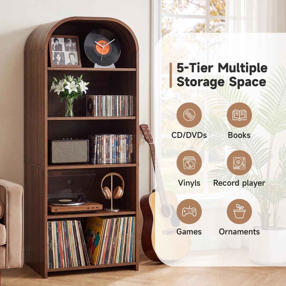 A tall brown wooden 5-tier storage bookcase with an arched top, styled with records, a record player, headphones, a clock, flowers, and framed photos, shown in a living room setting next to a guitar with a feature callout graphic on the right.