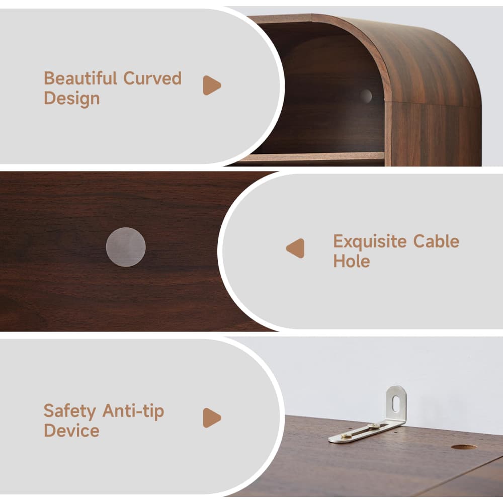 A three-panel close-up collage of a dark walnut wood cabinet or shelf unit with text callouts: 'Beautiful Curved Design,' 'Exquisite Cable Hole,' and 'Safety Anti-tip Device.' The panels highlight the wood grain, a round metal cable grommet, and a metal bracket mounted on the cabinet.