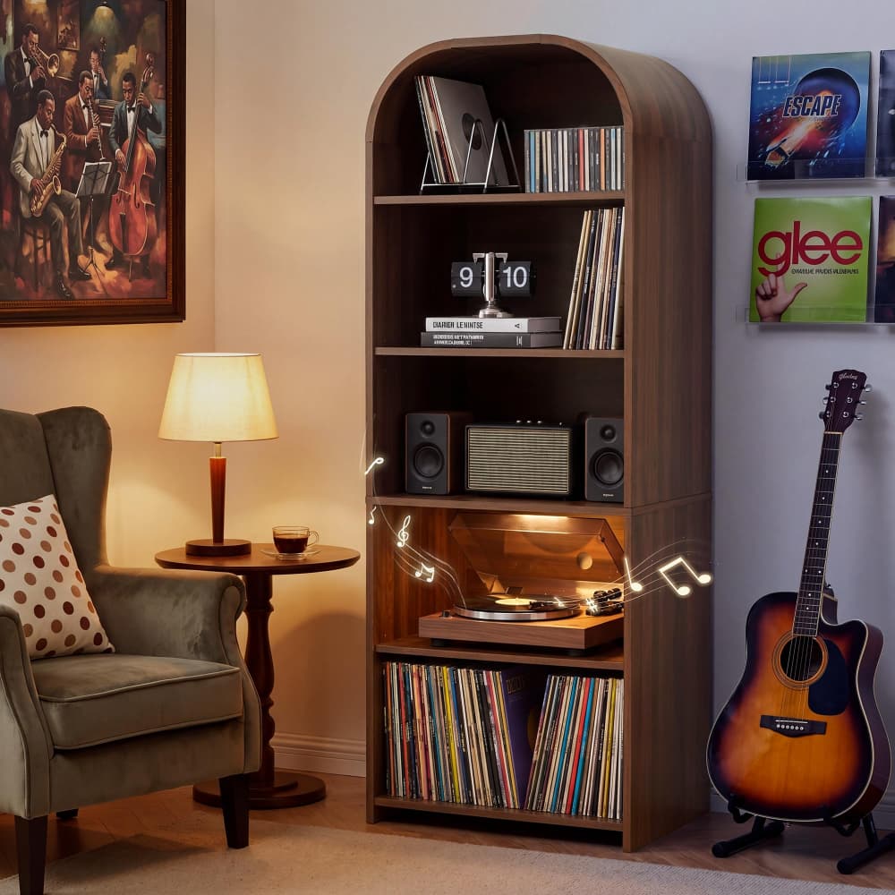 Walnut 63'' Tall 5 Tier Large Record Player Stand Storage Cabinet with Adjustable Shelves