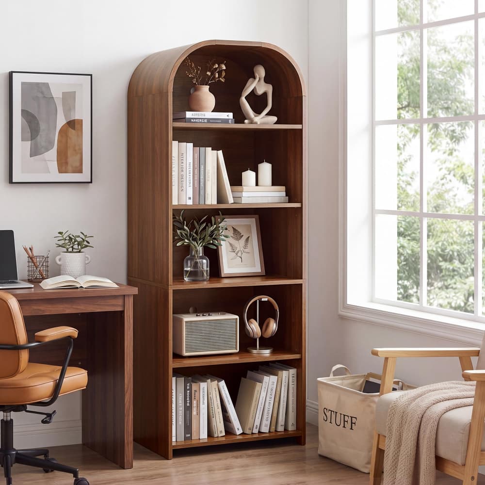 Walnut 63'' Tall 5 Tier Large Record Player Stand Storage Cabinet with Adjustable Shelves