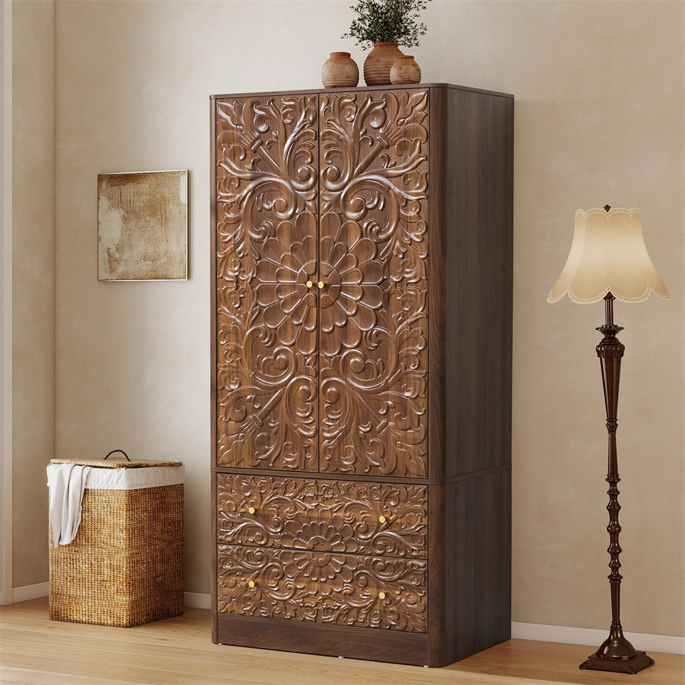 Walnut 65.9”H Freestanding 2-Door Wooden Wardrobe Closet Armoire with Hanging Rod & 2 Drawers