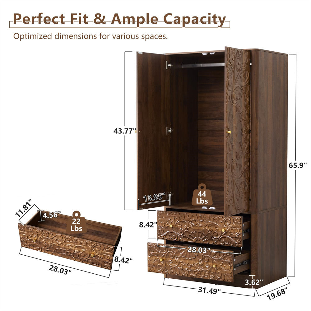 Walnut 65.9”H Freestanding 2-Door Wooden Wardrobe Closet Armoire with Hanging Rod & 2 Drawers