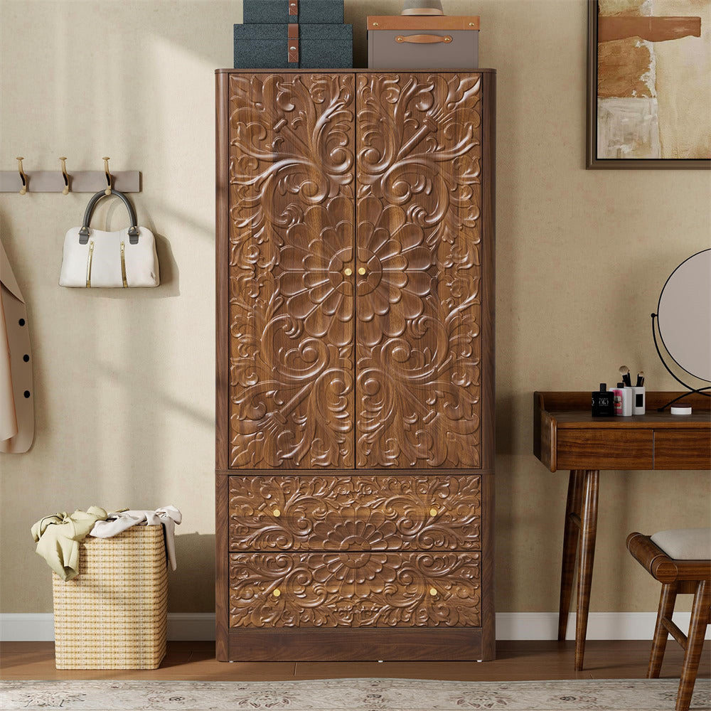 Walnut 65.9”H Freestanding 2-Door Wooden Wardrobe Closet Armoire with Hanging Rod & 2 Drawers
