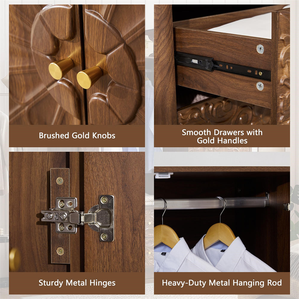 Four-panel product feature collage for a wooden wardrobe or closet organizer, showing close-ups of carved wood doors, gold knobs, smooth drawer hardware, metal hinges, and a hanging rod with white shirts on hangers. Text labels describe the features.
