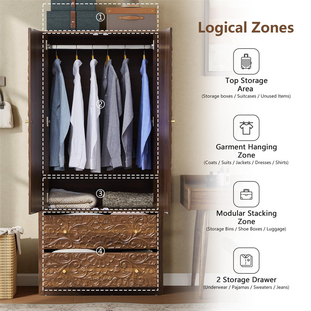 A wooden wardrobe/closet organizer shown in a styled room with labeled logical zones: top storage area, garment hanging zone, modular stacking zone, and 2 storage drawers. The cabinet is open, with shirts hanging on a rod and folded textiles inside.