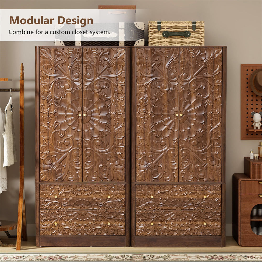 A pair of tall, ornate wooden modular closets with intricate floral carvings on the doors and drawers, shown in a styled room setting with a text overlay reading 'Modular Design'.