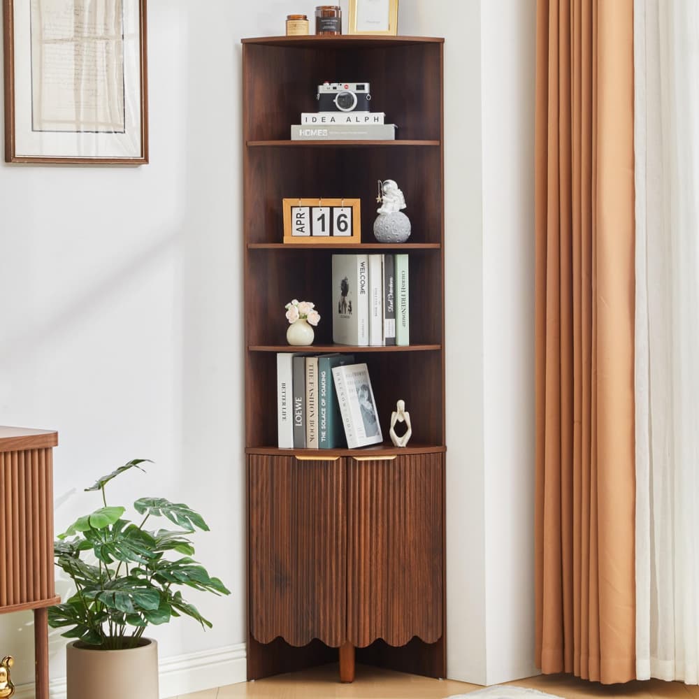 Walnut 67'' Tall Modern Wooden Fluted Corner Storage Cabinet with Doors