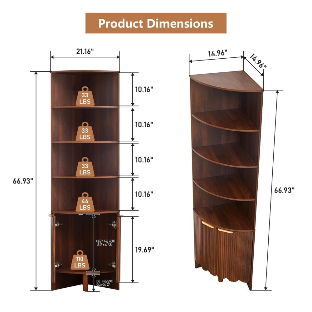 Walnut 67'' Tall Modern Wooden Fluted Corner Storage Cabinet with Doors