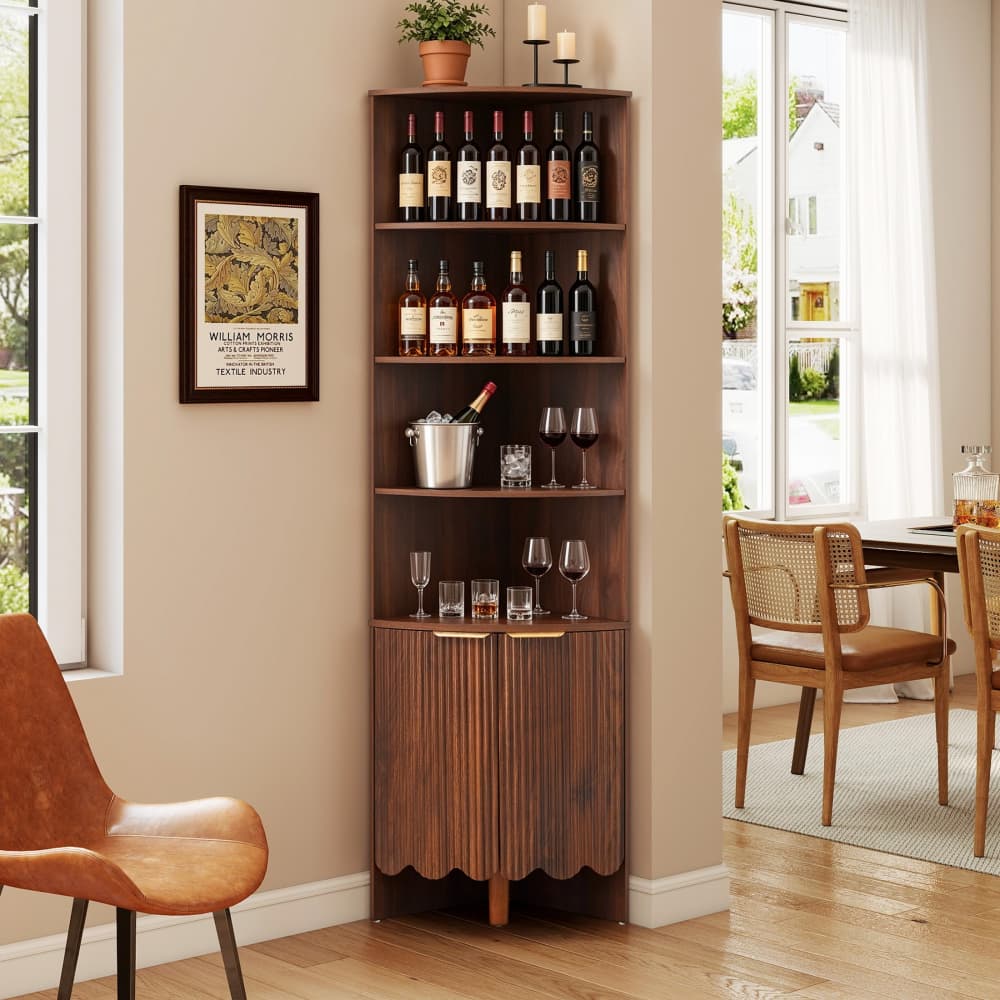 Walnut 67'' Tall Modern Wooden Fluted Corner Storage Cabinet with Doors