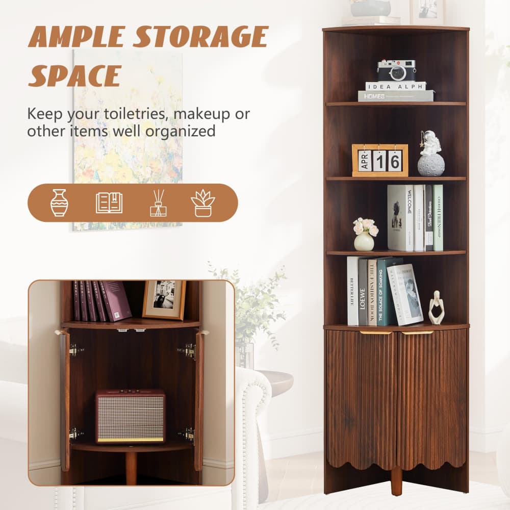 Walnut 67'' Tall Modern Wooden Fluted Corner Storage Cabinet with Doors