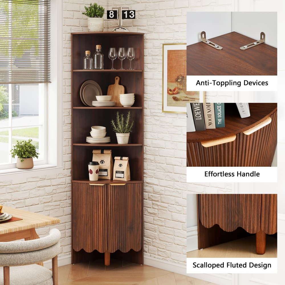 Walnut 67'' Tall Modern Wooden Fluted Corner Storage Cabinet with Doors