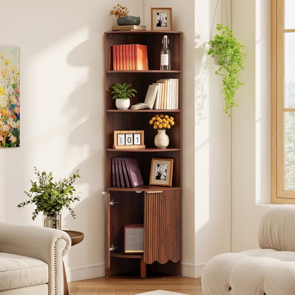 Walnut 67'' Tall Modern Wooden Fluted Corner Storage Cabinet with Doors