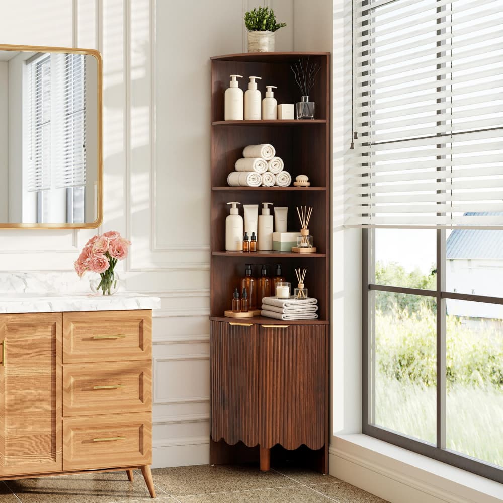 Walnut 67'' Tall Modern Wooden Fluted Corner Storage Cabinet with Doors