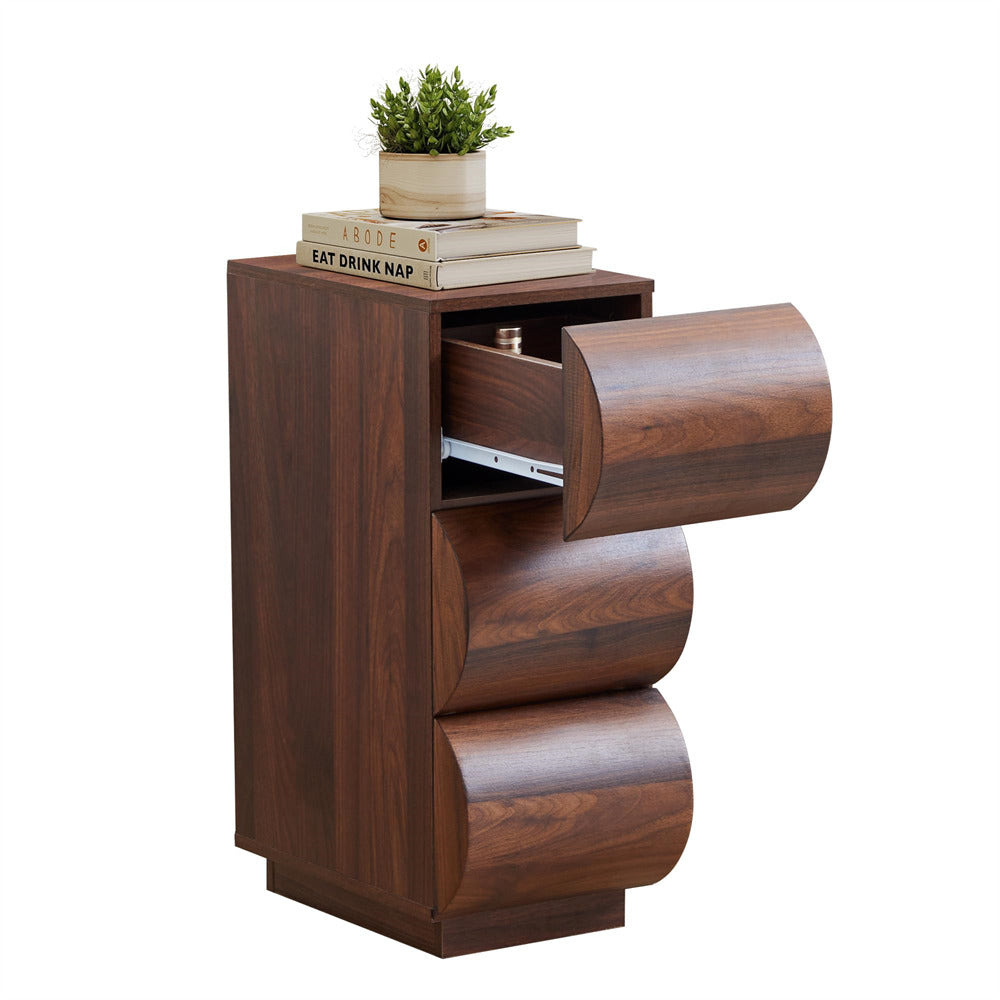 Walnut 7.9" Narrow Side Table Modern Curved Design Nightstand with Storage