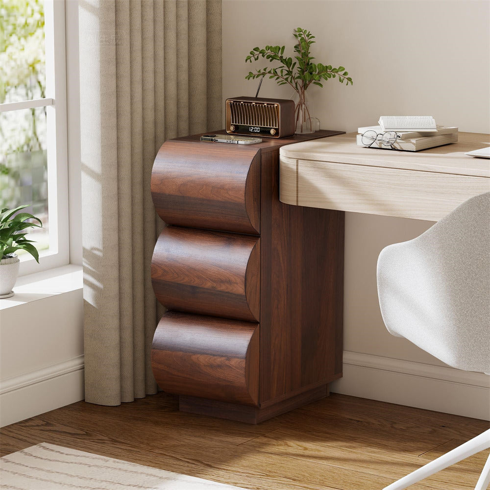 Wooden desk with a modern design in a well-lit room with plants and decor.