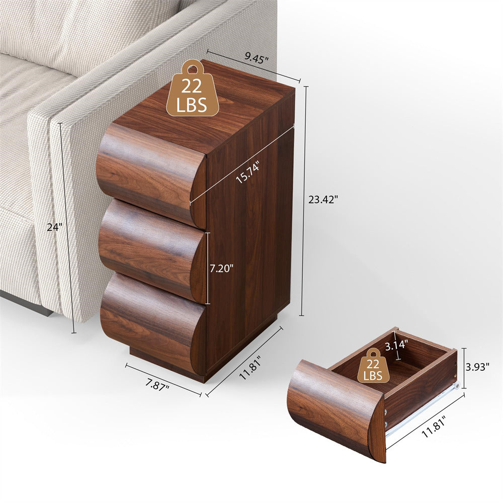 Wooden side table with dimensions and weight label on a white background