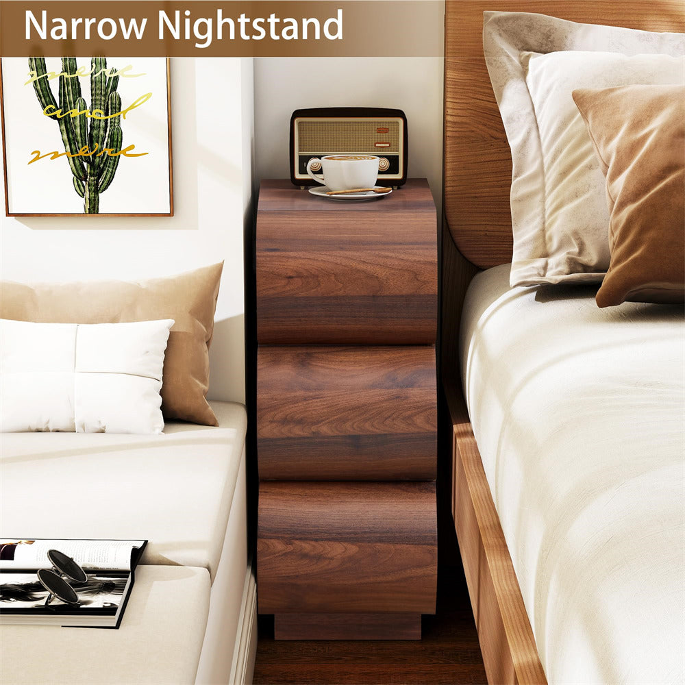Walnut 7.9" Narrow Side Table Modern Curved Design Nightstand with Storage