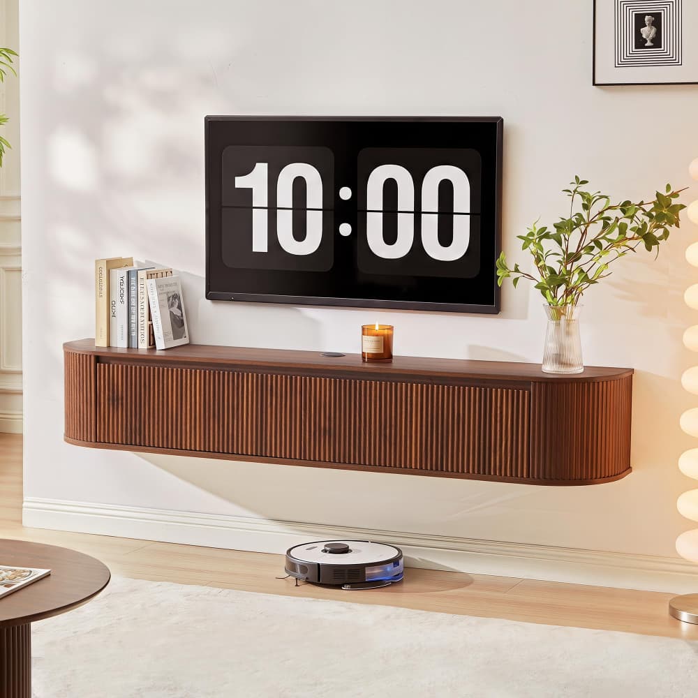 Walnut 70.8" Modern 2 in 1 Wall Mounted or Freestanding TV Stand with Power Outlet for TVs up to 80"