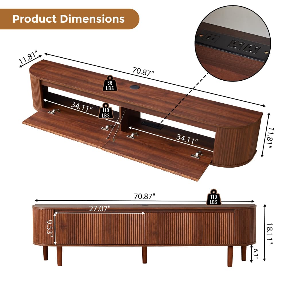 Product dimensions diagram of a walnut wood TV stand, showing both open and closed views with measurements, weight capacity, and a circular inset detail of the power outlets.