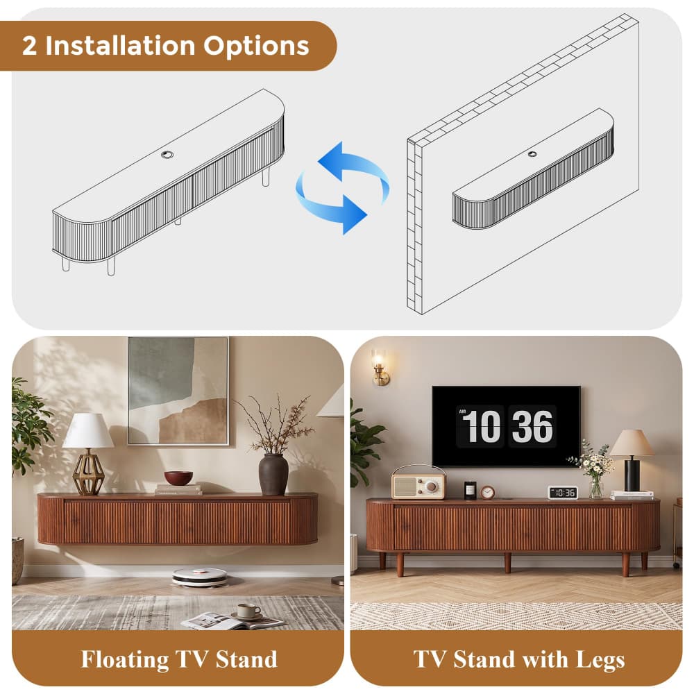 A product comparison graphic showing two installation options for a floating TV stand: a minimalist floating version with legs removed, and a version with legs attached. The top panel shows line drawings of both options with a blue arrow between them under the heading '2 Installation Options.