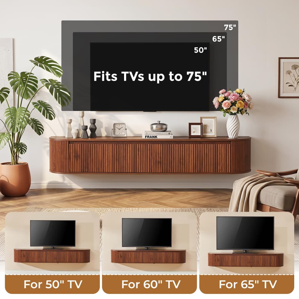 A living room scene showing a wall-mounted TV with text reading 'Fits TVs up to 75"' and size callouts for 75", 65", and 50". Three smaller inset views at the bottom show the TV mounted on a wooden console for 50", 60", and 65" screen sizes.