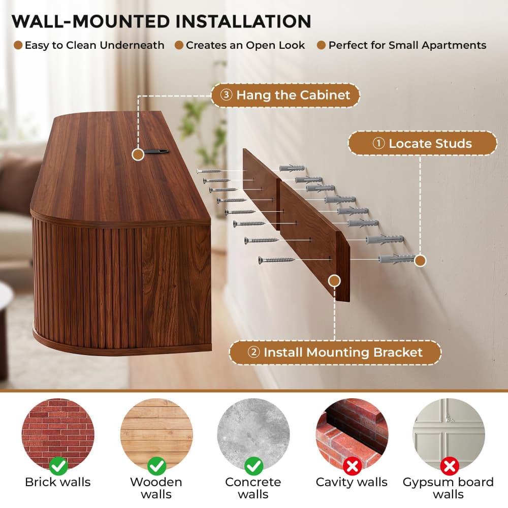 Instructional graphic for wall-mounted cabinet installation, showing a brown wooden cabinet on the left and a wall-mounted bracket with screws on the right, labeled with steps for hanging the cabinet and mounting bracket. Includes text benefits and wall types at the top and bottom.