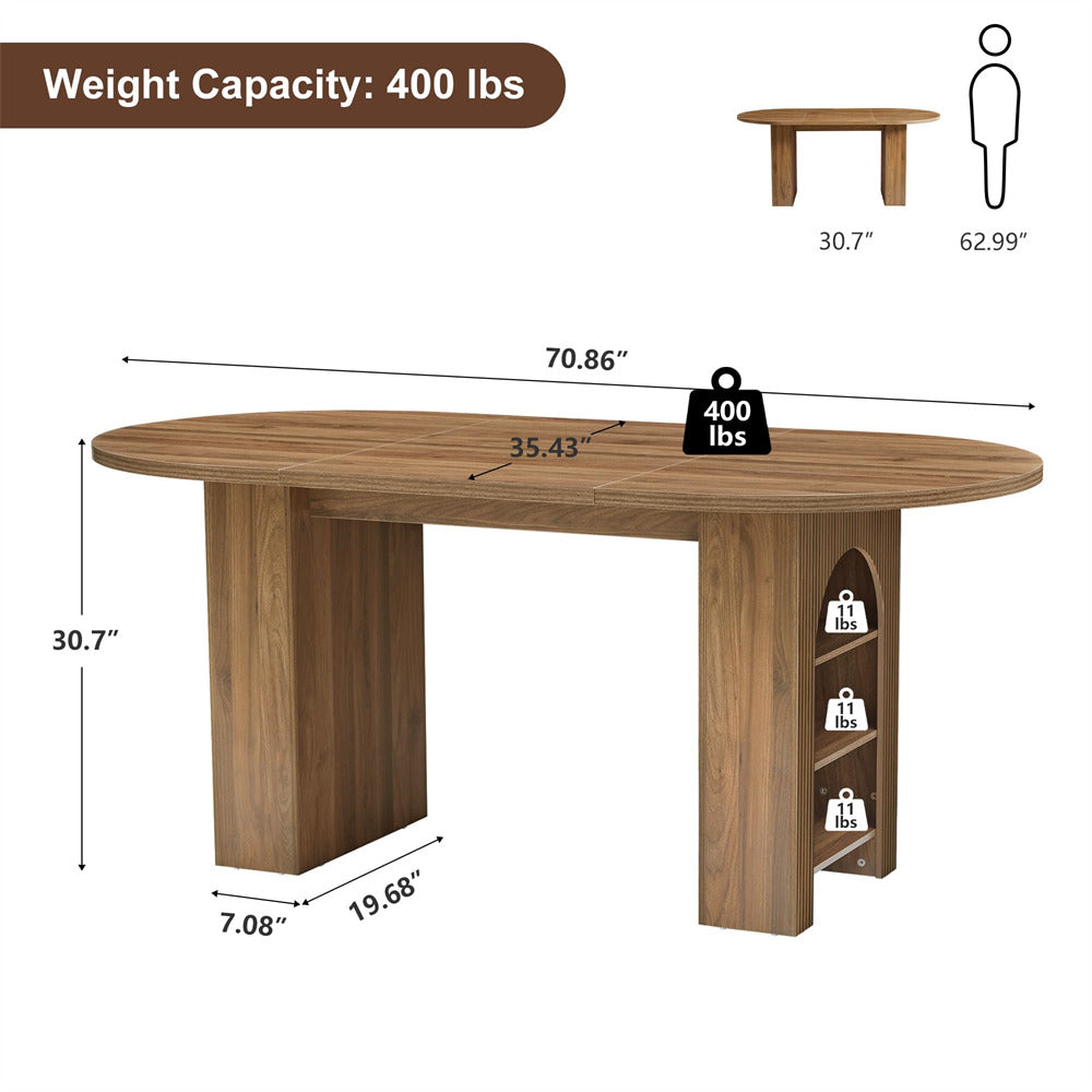 Wooden dining table with measurements and weight capacity on a white background