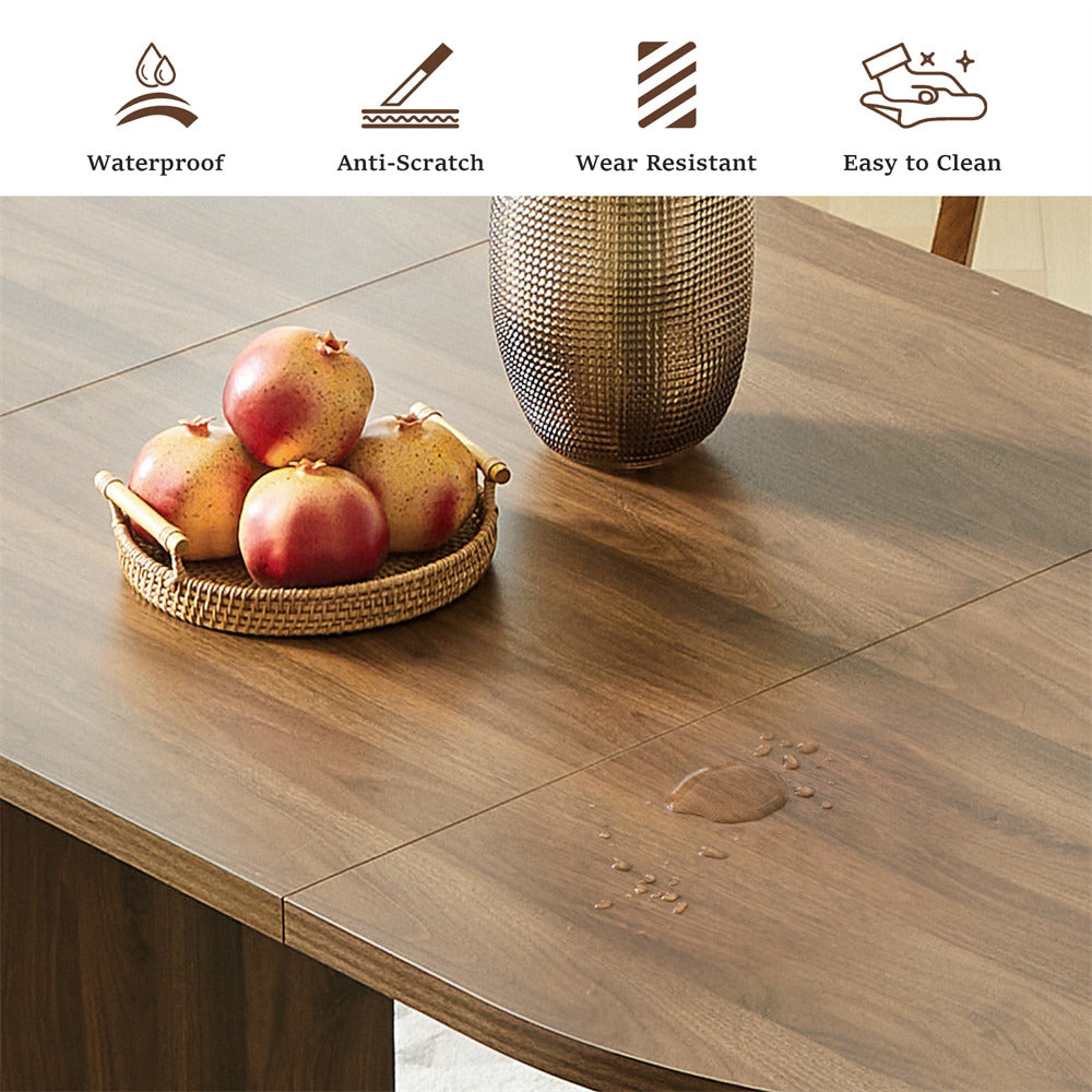 Wooden table with a basket of pears and a vase, featuring waterproof, anti-scratch, wear-resistant, and easy-to-clean properties.