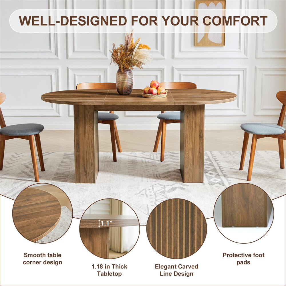 Wooden dining table with chairs in a room setting, featuring text 'Well-Designed for Your Comfort'.
