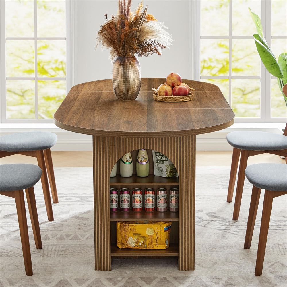 Dining table with shelves, cans, and a vase in a room with large windows.
