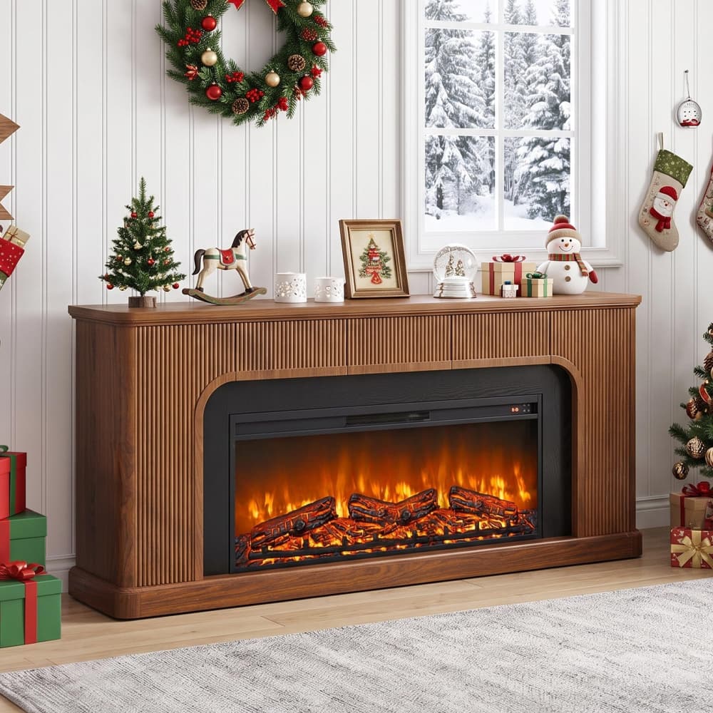 Walnut 70" Fluted Fireplace TV Stand with 42'' Electric Fireplace for 65, 75, 80 inch TV