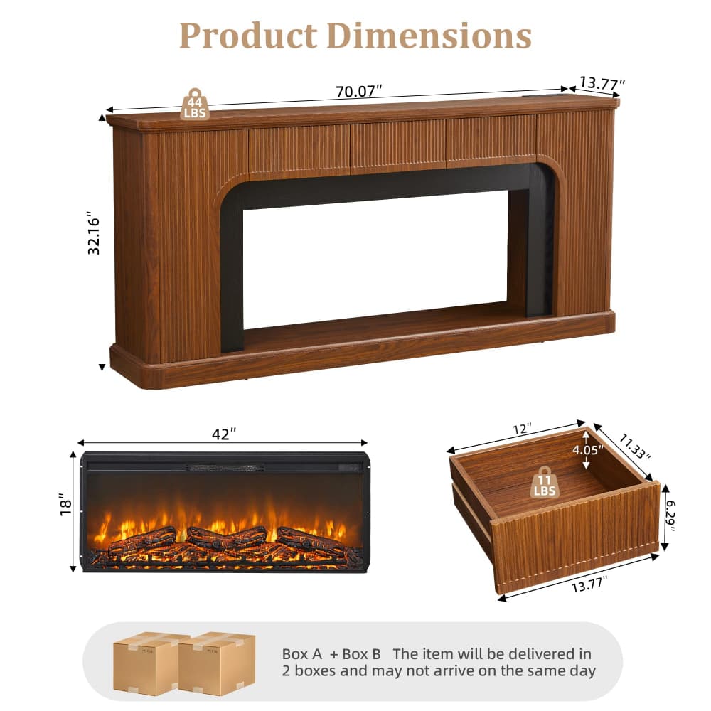 Product dimensions diagram for a brown wood-look electric fireplace and matching side table, showing front, side, and top views with measurements on a white background.