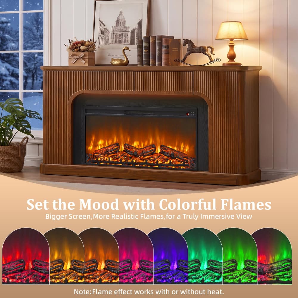 A brown wood-look electric fireplace with glowing orange and yellow faux flames, shown in a styled room setting with a lamp, books, and decorative items on the mantel. Text below reads 'Set the Mood with Colorful Flames' and shows eight flame color options.