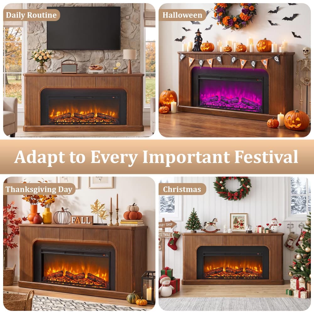 A 4-panel collage showing an electric fireplace mantel in different seasonal settings: Daily Routine, Halloween, Thanksgiving Day, and Christmas. The fireplace has a medium brown wood-look frame and displays glowing orange logs with either a black or purple flame effect.