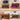 A 4-panel collage showing an electric fireplace mantel in different seasonal settings: Daily Routine, Halloween, Thanksgiving Day, and Christmas. The fireplace has a medium brown wood-look frame and displays glowing orange logs with either a black or purple flame effect.
