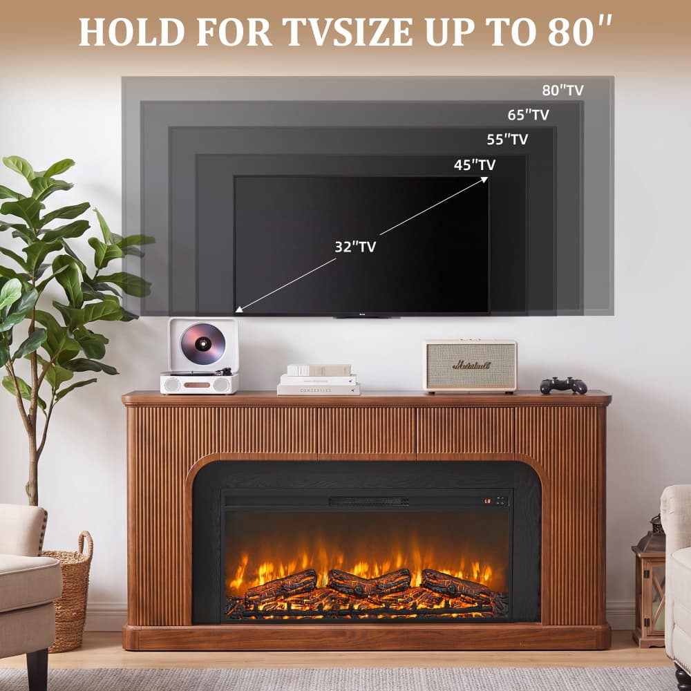 A wall-mounted TV size guide shown above a wooden fireplace in a living room. The graphic uses layered gray rectangles labeled 80" TV, 65" TV, 45" TV, and 32" TV, with text reading 'HOLD FOR TVSIZE UP TO 80"' and arrows indicating measurement guidance.