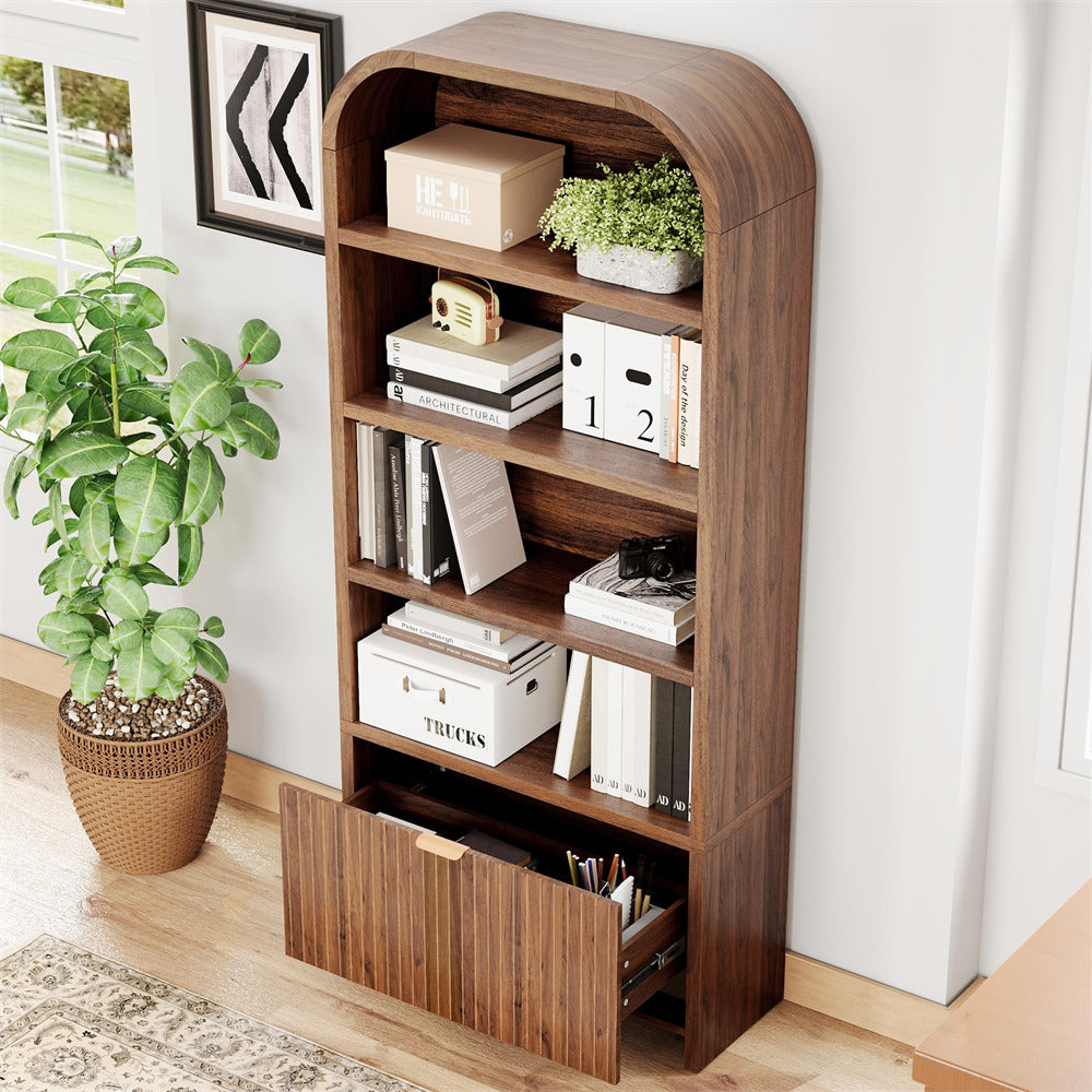 Wooden bookshelf with decorative items in a room setting