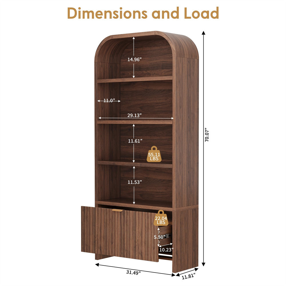 Wooden bookshelf with dimensions and weight indicators on a white background