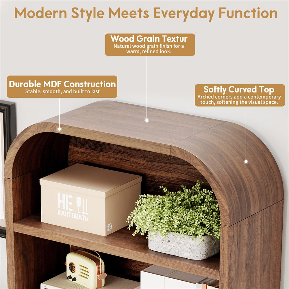 Wooden shelf with a soft curved top, displaying a box and plant, with text highlighting features.