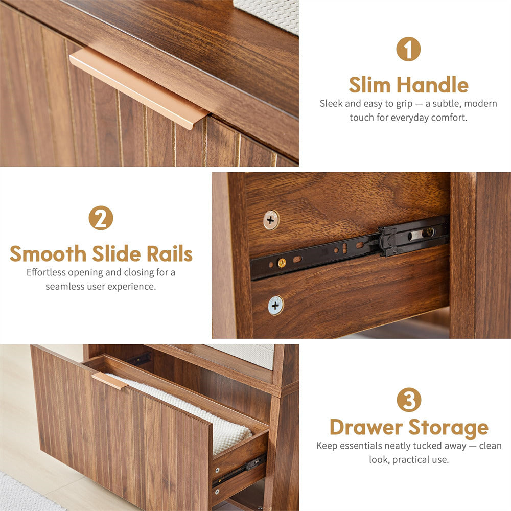 Wooden cabinet with slim handle, smooth slide rails, and drawer storage.