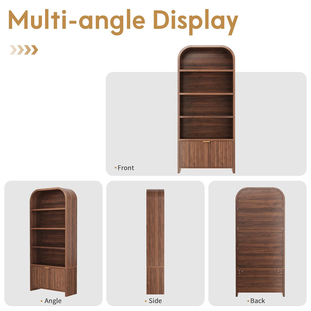 Wooden bookshelf displayed from multiple angles on a white background