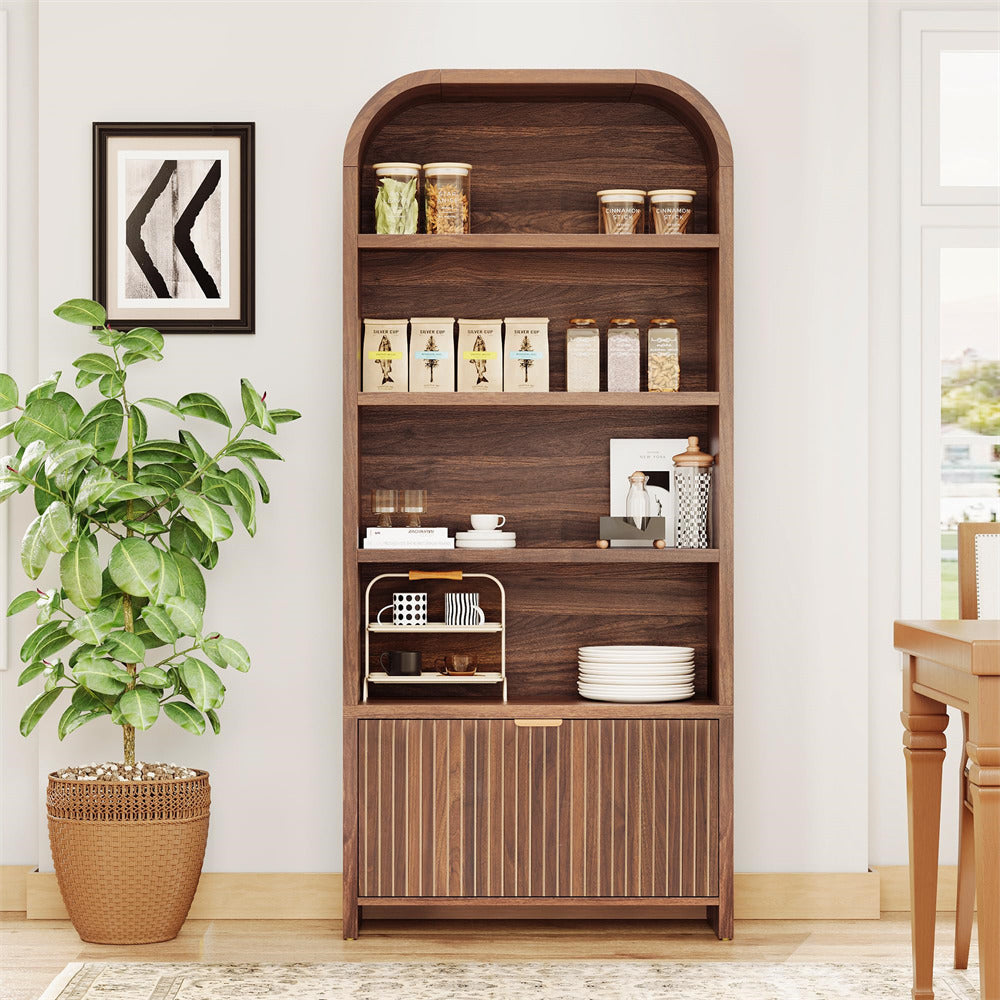 Wooden bookshelf with decorative items in a room setting