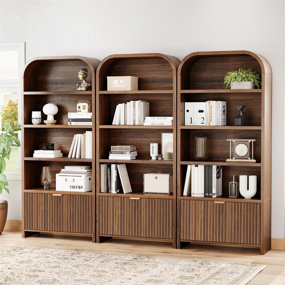 Wooden bookshelf with decorative items in a room setting