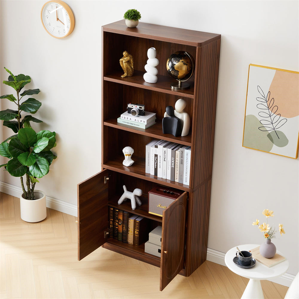 Wooden bookshelf with open door displaying items in a room with decor elements.