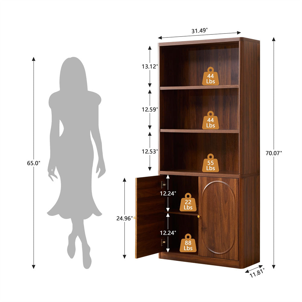 Wooden bookshelf with dimensions and weight indicators, compared to a person's height.