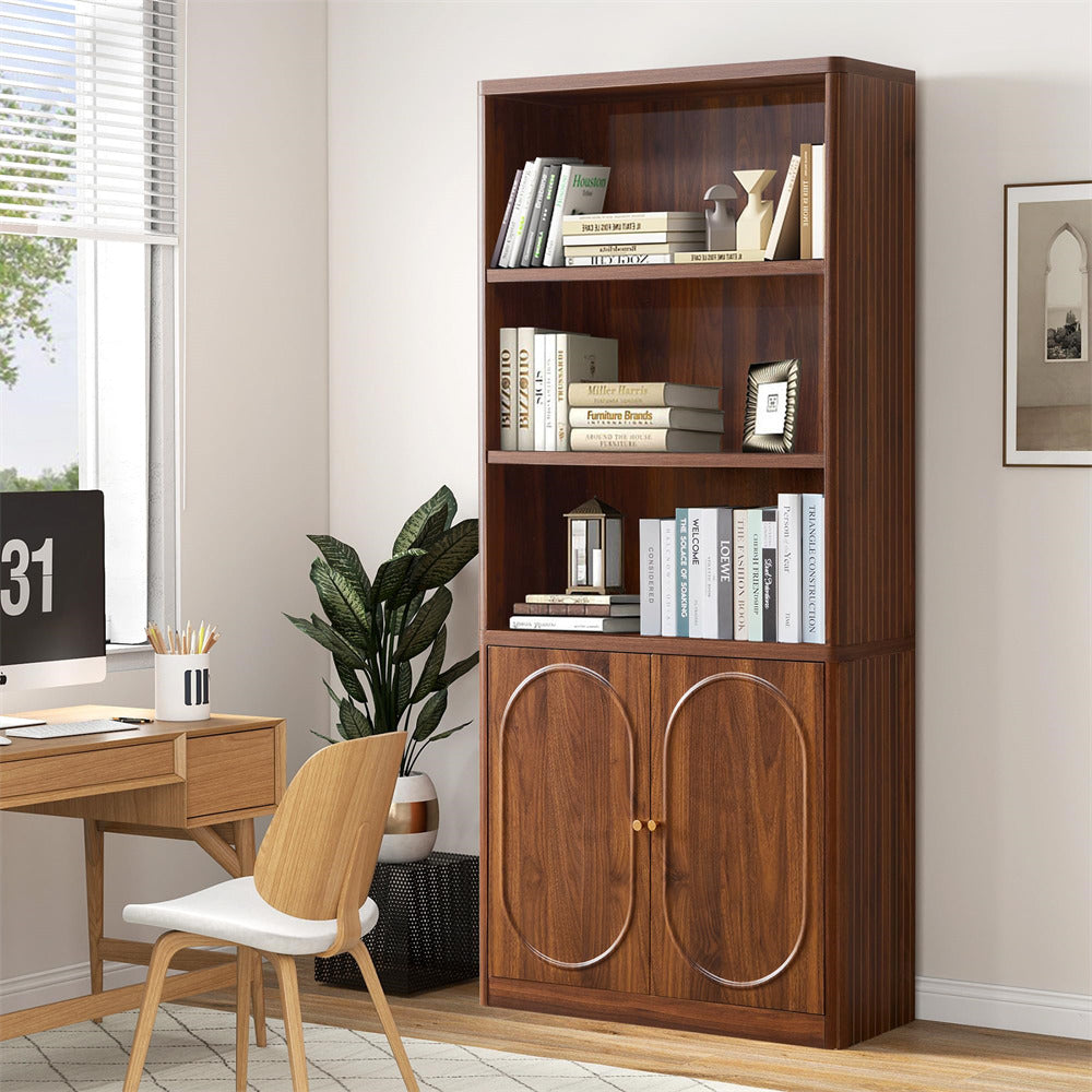 Wooden bookshelf with books and decor in a home office setting