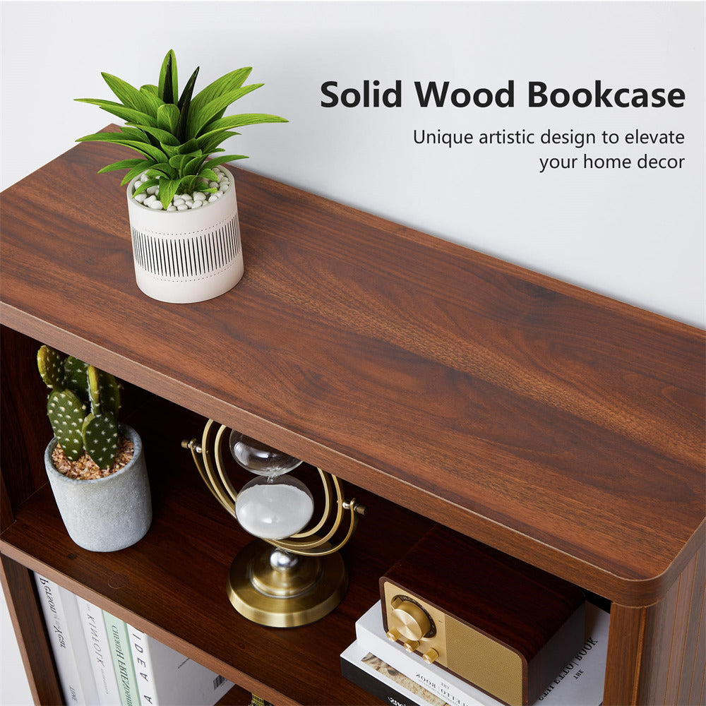Wooden bookshelf with decorative items and a plant, labeled 'Solid Wood Bookcase'.