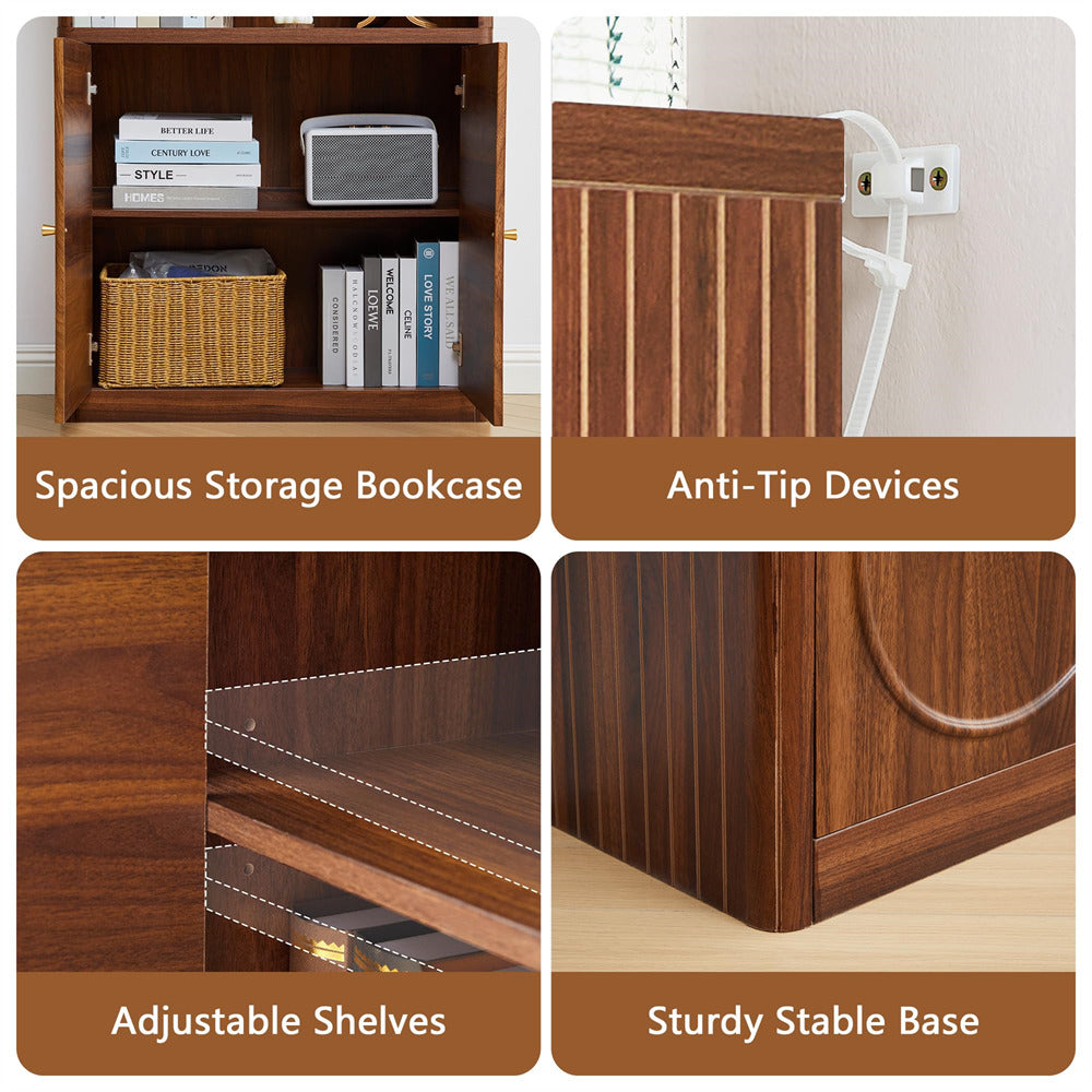 Collage of wooden furniture features including a bookcase, anti-tip devices, adjustable shelves, and a sturdy base.