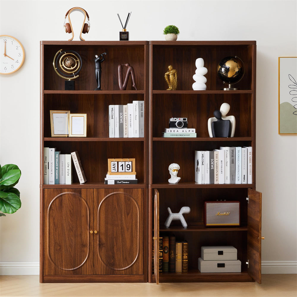 Wooden bookshelf with decorative items in a room setting